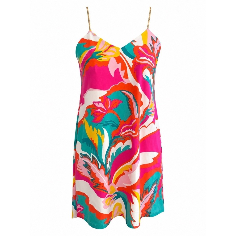 Jude Connally Bailey Dress XS Tropical Floral Gold Chain Strap Resort Msrp $198